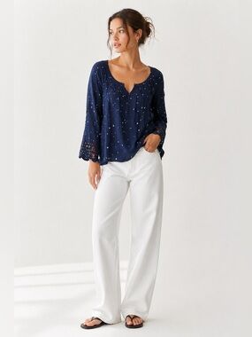 Anthropologie Maeve Teni Star Cutout Blouse Blue Boho Peasant Loose Casual Top 8